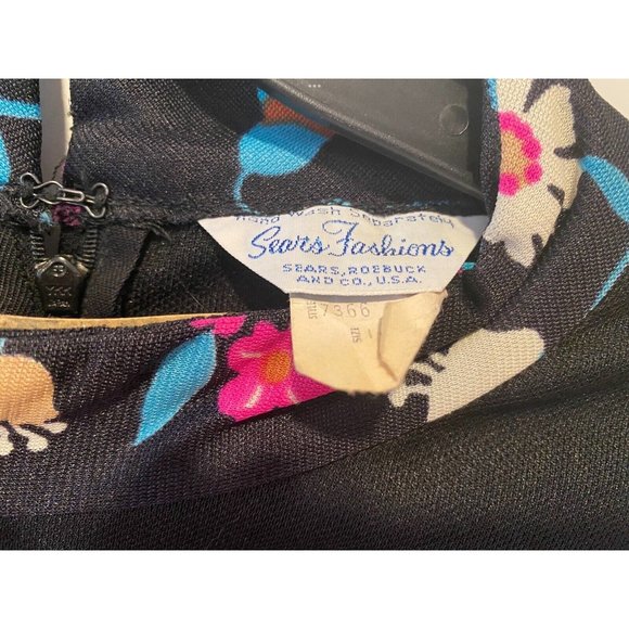 Sears Fashions 1970s Dress Maxi Black Floral Sheer Sleeve High Neck 14 Vintage - Picture 3 of 8